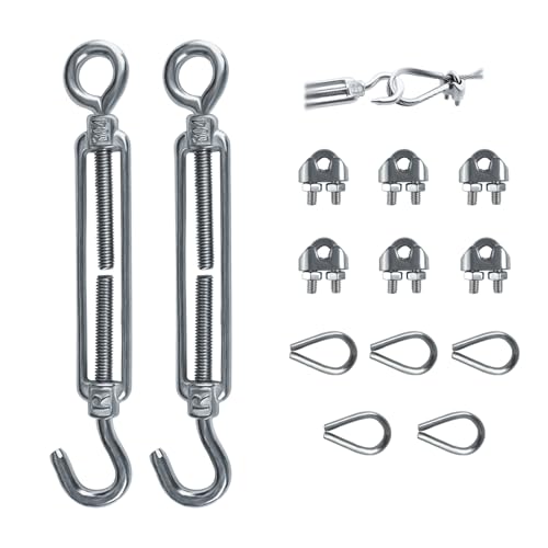 2 Stück Spannschloss M6 Seilspanner Edelstahl, Verstellbare Spannschlösser Drahtspanner Set, 5 Stück 3mm Drahtseil Kauschen, 6 Stück 3mm Seilklemmen für Seil, Kletterpflanzen, Sonnensegel, Zaunspanner