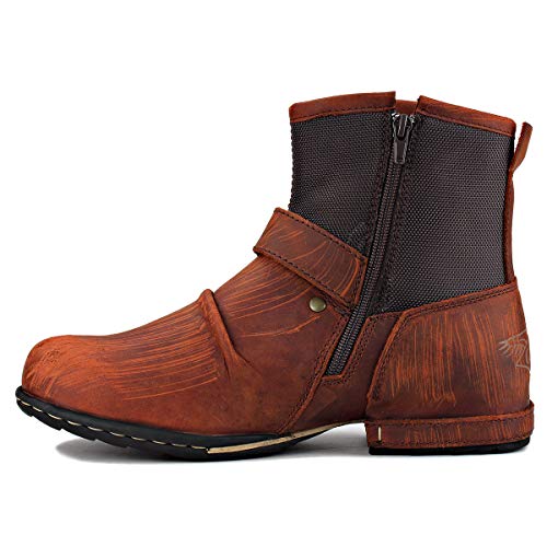 OSSTONE Moto Boots for Men Fashion Zipper-up Leather Chukka Boots Casual Shoes Retro Style 5008-1-A1-9.5 Brown