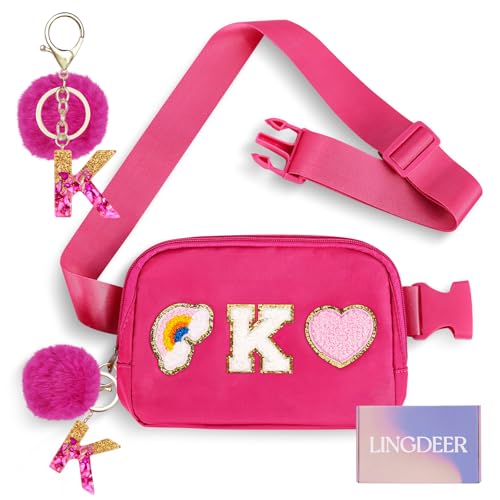 Lingdeer Personalized Belt Bag with Keychain, Fanny Pack for Girls Women, Initial Birthday Gifts for Teen Girls Mom Crossbody Bag Small Waist Packs Travel Essential Preppy Gifts (Hot Pink K)