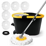 HEVOL Mop and Bucket with Wringer Set, Spin Mop Bucket Floor Cleaning System with Foot Pedal, 5 Mop Replacement Heads, Microfiber Mop and Bucket for Hardwood, Laminate, Tile, 1 Extra Floor Brush Head