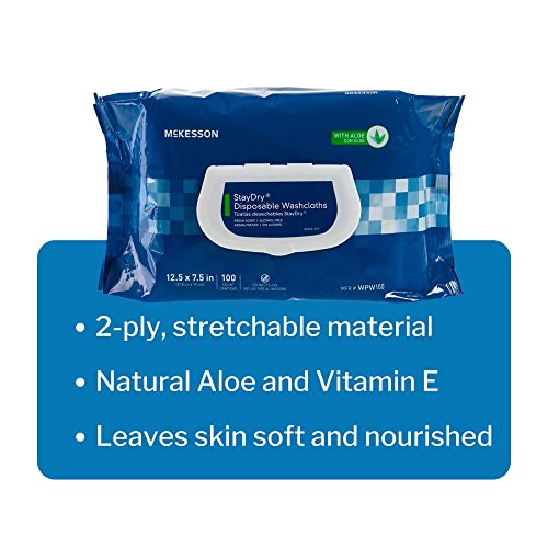 Mckesson Staydry Disposable Wipes Or Washcloths For Adults With Aloe, Incontinence, Alcohol-Free, Not-Flushable, 100 Wipes, 1 Pack #TOP2