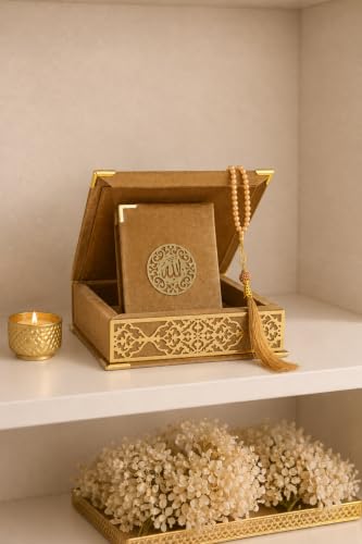VOGUEHOMEDECOR Velvet Covered Quran and Pearl Tasbih in Wooden Decorative Box | Quran Gift Box | Islamic Gift Set | Islamic Birthday, Wedding Gift | Muslim Eid Ramadan Gift (Gold)