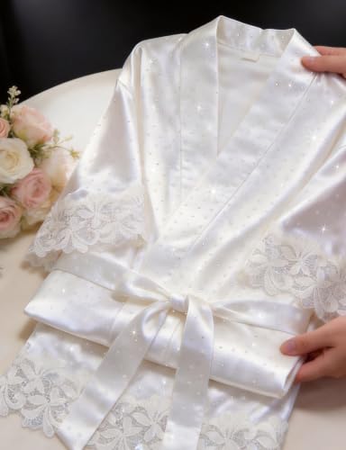 Image of EPLAZA Sparkly Rhinestone Bride Robe for Wedding Day Set Bridal Robe Lace Trim Silky Satin Kimono for Bridal Bachelor Party