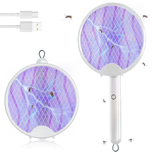 BNGXR Raqueta Mosquitos Electrica, 3 en 1 3000V Plegable Raqueta Matamoscas 800mAh USB Recargable Portátil Matamoscas Electrico Ultravioleta Luz 3 Capas Malla de Seguridad para Interior y Exterior
