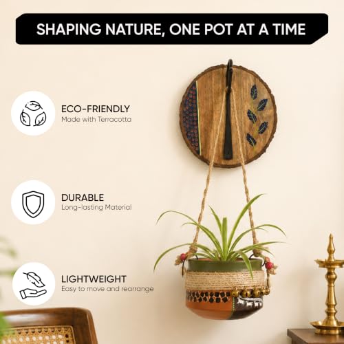 Image of AAKRITI ART CREATIONS Wall Hanging Planter with Hook | Jute Embellished Earthen Planter on Round Hook, Floral Art, Matte Finish | Wooden Decorative Hanging Pot for Indoor & Outdoor Home Decor