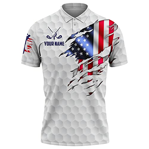 Custom Golf Polo Shirt with American Flag, Personalized Name Sports Polo for Men, USA Patriotic Golf Outfit Gift