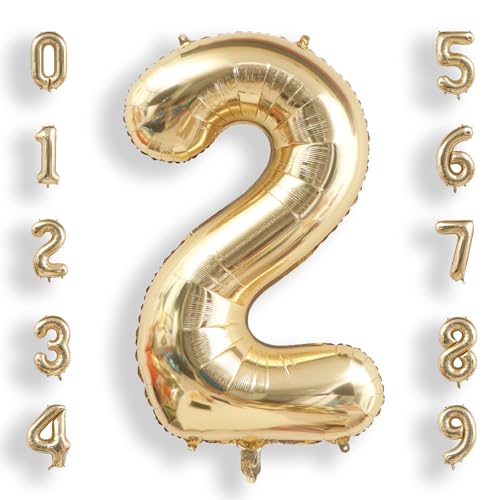 Image of AULE 40 Inch Large 2 Balloon Numbers Light Gold, Big Foil Number Balloons, Giant Helium Happy Birthday Party Decorations for Man and Women, Huge Mylar Anniversary Party Supplies