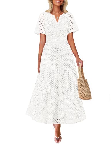 ZESICA Women's 2025 Summer Short Sleeve Maxi Dress Casual V Neck Hollow Out Eyelet Ruffle Swing A Line Long Dresses,White,Small