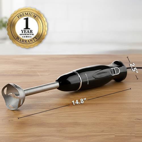 OVENTE Immersion Hand Blender, 300W Corded Electric Handheld Stick Mixer with 2 Mixing Speeds and Stainless Steel Blades for Smoothies, Purees & Baby Food, Black HS560B