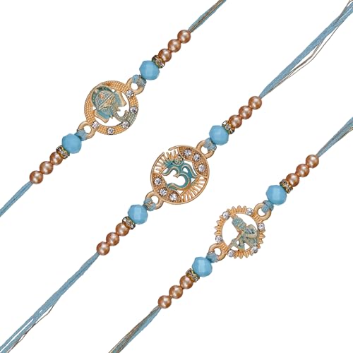 Image of eCraftIndia Set of 3 Multicolor Semi Precious Designer Rakhis for Brother Bhaiya Bhai | Roli Chawal Pack