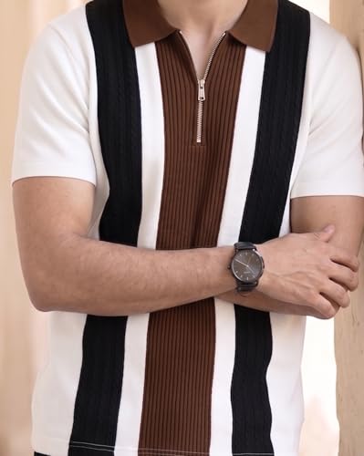 Image of AUSK Men's Zip Collar Polo Tshirt | Cotton Rich Material | Half Sleeves | Modern Knit Panel Work | Regular Fit
