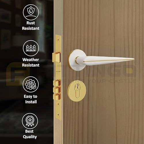 Image of Marsh Mortise Door Handle Lock Set /Premium Brass Door Handle with Lock /Heavy-Duty Main Door Handle with Key Lock for Home, Office & Hotel Doors - 3 Years Warranty - White Gold