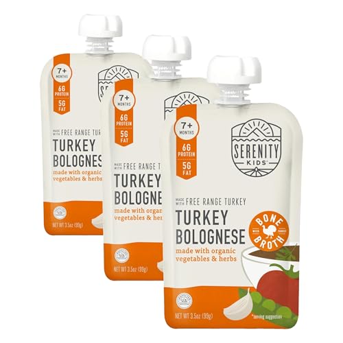 Image of Serenity Kids Bone Broth Puree Made With Organic Veggies | Clean Label Project Purity Award Certified | 3.5 Ounce BPA-Free Pouch | Free Range Turkey Bolognese | 1 Count (Pack of 3)