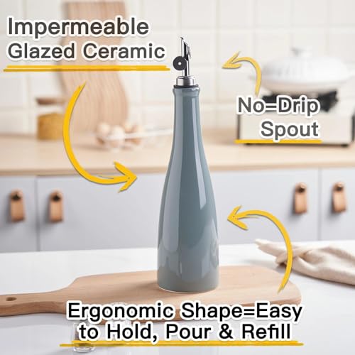 YOLIFE Olive Oil Dispenser Bottle, 16oz Ceramic Oil Dispenser for Kitchen, Oil Bottle with Gravity Spout, Leak Proof EVOO Dispensing Bottle with 2 Spouts and 1 Funnel for Vinegar, Juice(Gray) by YOLIFE - Used condition - Image 6