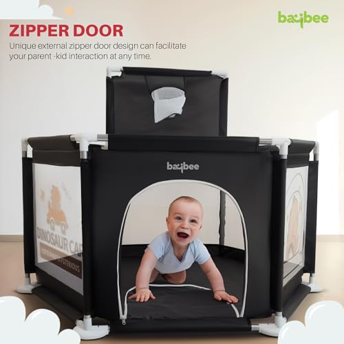 Image of Baybee Neo Plus Kids Playpen for Babies | Baby Activity Playards with Basket Ball Hoop, Zipper Door & Corner Protection | Baby Play Area Indoor Setup with Hexagon shape for Extra Space | Outdoor Play Pen for Baby up to 5 Years (Black)
