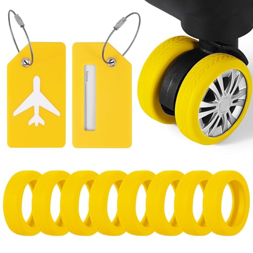 2 Pcs Silicone Luggage Tag for Suitcases with Stainless Loop, 8 Pcs Luggage Wheel Covers, Wear-Resistant, Anti-Noise, Silicone Luggage Wheel Protective Covers for 2-2.4