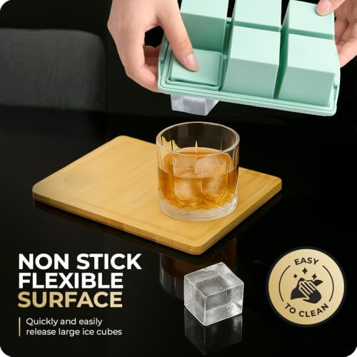 Image of Large Ice Cube Trays for Whiskey, Silicone Ice Cube Tray, with Reinforced Steel Ring Top, Makes 12 perfect 2-in ice cubes, Square Ice Tray for Cocktails, Whiskey, Coffee. (2 Pack)