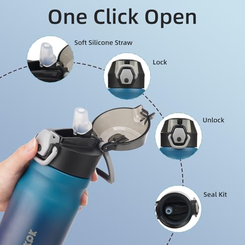 Image of BJPKPK 14 oz Insulated Water Bottle, Straw, Handle, Stainless Steel Flask | Leak Proof Locking Lid, Double Wall Vacuum, Keeps Hot /Cold, BPA Free, Dishwasher Safe, Travel & Sports, Indigo Black