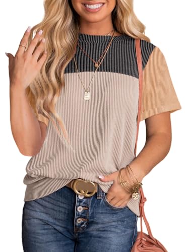 BLENCOT Women Tops Color Block Crewneck Casual Oversized Tshirts ...