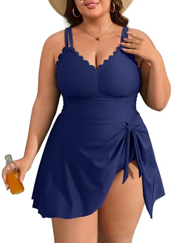 Image of Charmo Plus Size Swimsuit for Women Swim Dress Scalloped One Piece Tummy Control Bathing Suit Ruched Swim Suits