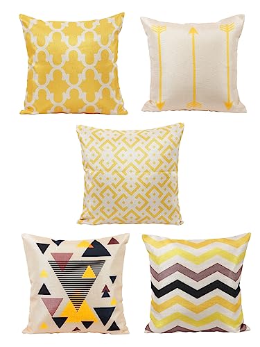 Image of ROMEE Designer Geometric Printed Cushion Covers 16 inch x 16 inch Set of 5 | Decorative Square Jute Throw Pillow /Cushion Cover for Living Room, Sofa, Couch, Bedroom (Beige & Yellow)