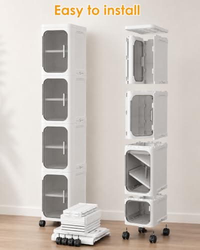 Image of KRISHYAM 4 Door Slim Plastic Storage Cabinet with Wheels, Narrow Multipurpose Organizer with Transparent Doors, Removable Shelves & Magnetic Closure for Bathroom, Kitchen, Laundry, White