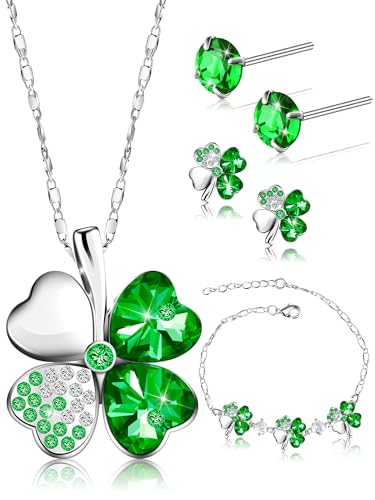 Sasylvia 4 Pieces St. Patrick's Day Rhinestone Jewelry Set for Women Lucky Four Leaf Clover Necklace Bracelet 2 Green St. Patrick's Day Shamrock Stud Earrings for Irish Party Accessories Gifts