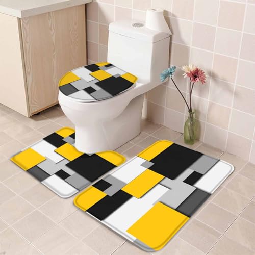 Yellow Gray Black Geometric Bathroom Rug Set - 3 Piece Non-Slip Mat