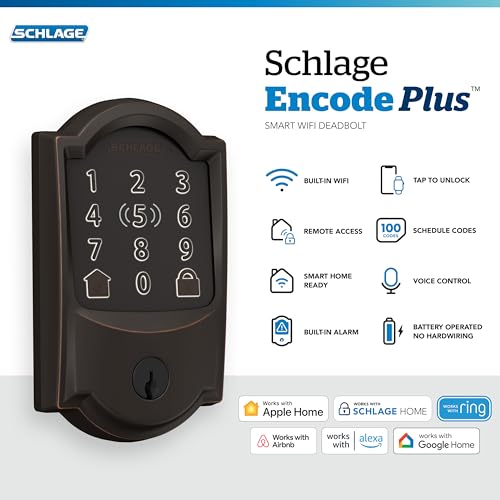 Image of Schlage Encode Plus Smart Wi-Fi Lock for Front Door, Keyless Entry Deadbolt, Unlock with Apple Watch, Built-in WiFi and App Control, Easy Install, Alexa & Apple HomeKit Compatible, Aged Bronze