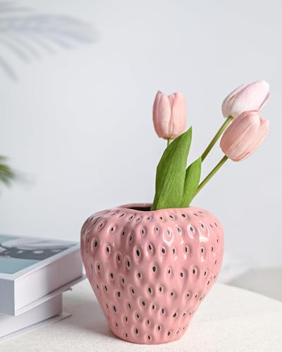 DN DECONATION Pink Strawberry Vase for Flower, Strawberry Shaped Planter Pot for Girls, Unique Ceramic Fruit Vases for Strawberry Party Kitchen Decorations, for Mom&Grandma