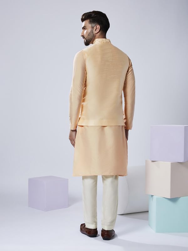 Image of KISAH Men Printed Kurta Jacket Set, Full Sleaves, Knee Length, Straight, Regular Fit, Mandarin Collar Ethnic Wear