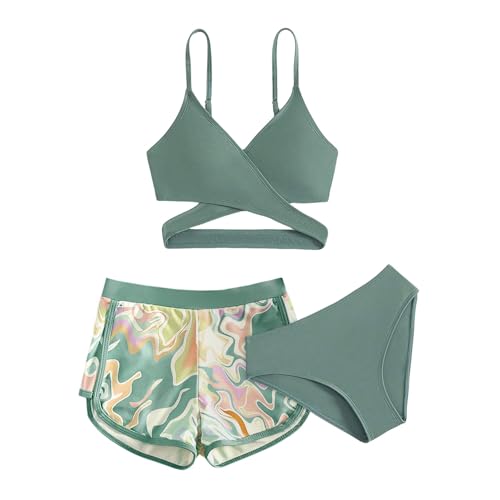 Conjunto de bikini de 3 piezas para niña, traje de baño entrecruzado para niñas, traje de baño con pantalones cortos para adolescentes, traje de baño de moda para verano, beige, 5-6 años