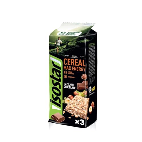 ISOSTAR – Cereal Max Energy Riegel Schokolade & Haselnüsse – Sport-Energieriegel mit Kohlenhydraten, Quelle für Vitamin B1, B2, B6, C, E & PP, Snack für Laufen, Radfahren & Trailrunning – 3 x 55 g