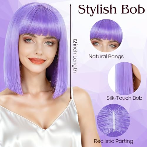 Image of PLULON Light Purple Bob Wig with Bangs, Short Straight Bob Wig with Heart Sunglasses 12 Inch Shoulder Length Heat Resistant Synthetic Hair Cap for Women Natural Look Daily Use Cosplay Costume Party