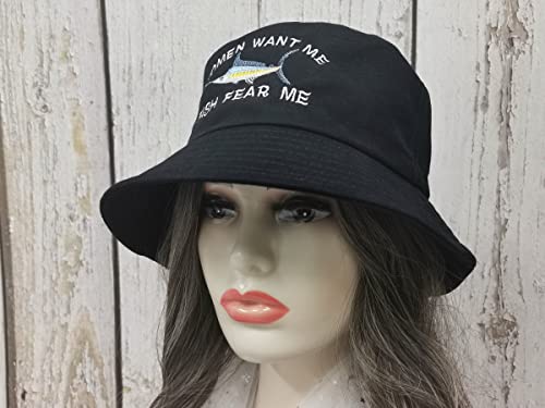 Women Want Me Fish Fear Me Embroidered Bucket Hat, Black Embroidery Beach Sun Hat Summer Travel Fisherman Cap #TOP4