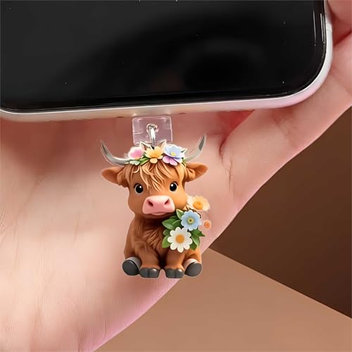 Adorable Highland Cow Dust Plug Acrylic Charms for electronic products,Type-C Charging Port Dust Plugs Pendant Compatible with E-Reader Phone Tablet, Gift for Christmas, Birthday, Anniversary Day