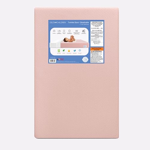 Image of Delta Children Twinkle Stars Breathable 4-inch Mini Crib Mattress with Removable/Machine Washable Cover - GREENGUARD Gold – Waterproof - Sustainably Sourced Core Fiber Core, Pink