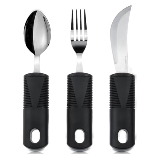 Vive Adaptive Utensil Set - Arthritis Aid Silverware for Parkinsons, Hand Tremors - Easy Grip for Shaking and Trembling Hands - Heavy Stainless Steel Spoon, Fork, Serrated Knife - Non Weighted Holder