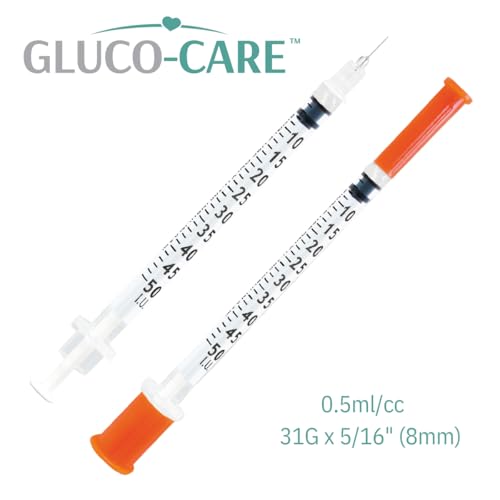 Image of GLUCO-CARE 0.5 ml /cc Syringes 31G x 5 /16'' (8mm), 100 /box | Fine Tip, Home & Lab Use, Clear Barrel, Bold Scale, Smooth Plunger Movement with back-end stopper, Leak-Proof Design
