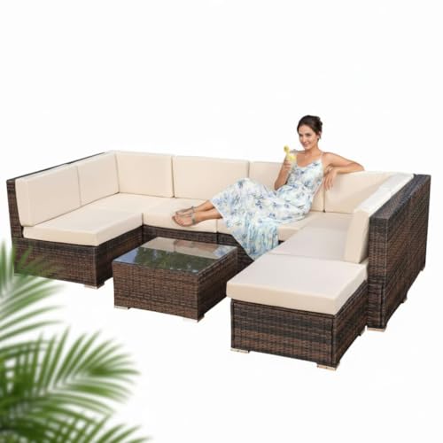 Melko Garten Ecksofa Polyrattanlounge Sitzgarnitur Gartenlounge mit Kissen, Verbindungsclips und Schraub-Ausgleich-Standfüße