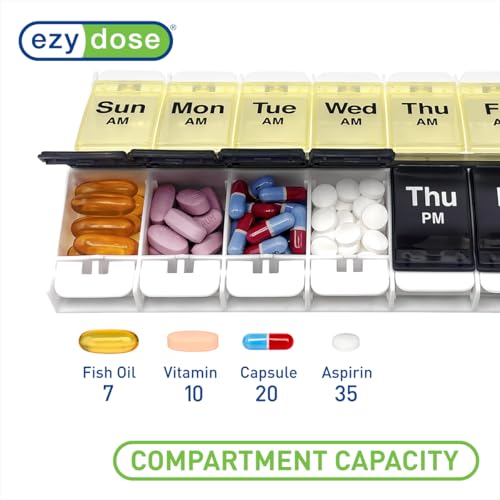 Image of Ezy Dose Weekly (7-Day) AM /PM Pill Organizer, X-Large Case, Black /Yellow | Daily Vitamin Box & Supplement Planner, 2 Times a Day Push Button Compartments, Arthritis-Friendly, Travel-Friendly, BPA-Free