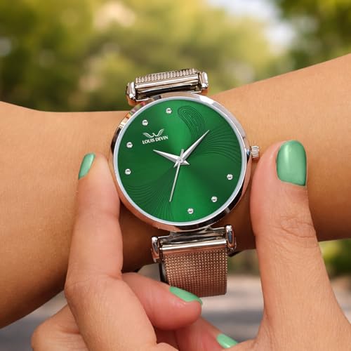 Image of LOUIS DEVIN Mesh-Type Stainless Steel Chain Analog Wrist Watch for Women (Black /Blue /Pink /Green Dial) | LD-L504-CH