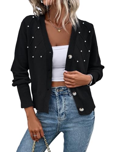 SHENHE Women's Button Up Cardigan Pearl Beaded V Neck Dressy Fall Knit Cardgian Sweater Black Medium