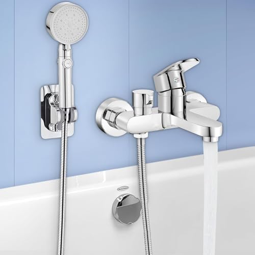 Wannenarmatur Badewannenarmatur mit Handbrause, Mischbatterie Badewanne Chrom mit Brause 5 Funktionen, Einhebel Badewanne Wasserhahn mit 1,5m Duschschlauch und Halterung, Wannenbatterie für Bad