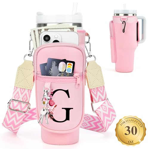 LOKASS Personalized for Stanley Cup Accessories 30oz, Initial Stanley Cup Holder with Strap, Cup Carrier Bag Water Bottle Holder with Phone Pocket Gifts for Women,Girls,Travel,Walking,Work