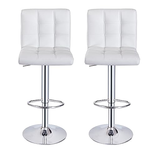 Bar Stools, Height Adjustable Cuban Bar Chairs Synthetic Leather 360° Swivel Kitchen Stool with Backrest and Footrest for Breakfast Bar, Counter, Kitchen and Home Barstools (White, Set of 2 Stools)