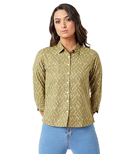 Image of Miss Chase Women's Multicolored-Base Olive Green Collared 3 /4 Sleeves Printed Basic Regular Length Shirt