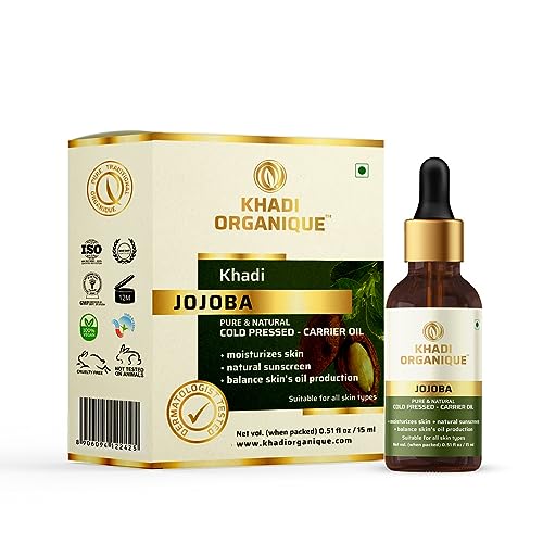 Image of Khadi Organique 100% Pure Jojoba Essential Oil with Vitamin E for Skin & Hair | Helps to Reduce Acne, Inflammation & Irritation | Ideal for Aromatherapy, Diffuser, Massage & Glowing Skin - 15ml