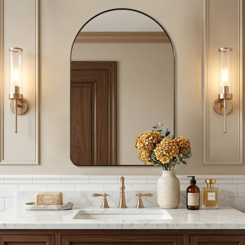 Image of 24x36 Inch Brushed Champagne Bronze Arched Bathroom Mirror | Stainless Steel Metal Frame, HD Glass, Arch Top Rounded Corner 1 Inch Deep Set Design Wall Mount for Bathroom, Bedroom
