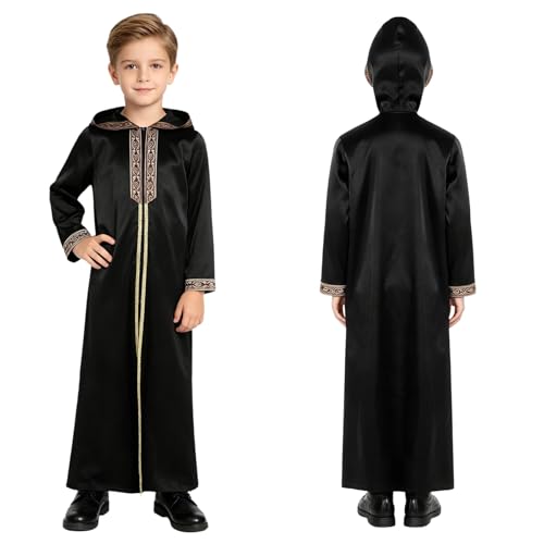 Thobe à capuche musulman pour garçons noir 11-12 ans